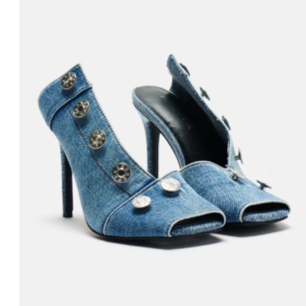 Fashion Nova Blue Denim Heels with Button Accents